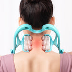 A woman using the pink 6-roller neck massager on her upper cervical spine to relieve muscle tension